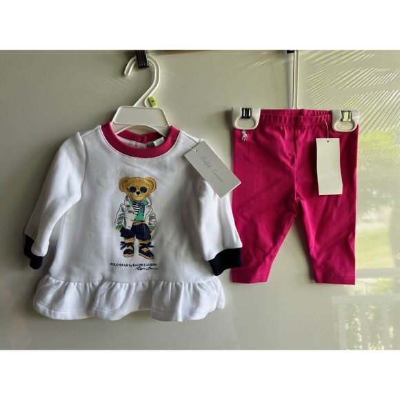 NWT RALPH LAUREN Baby GIRLS BEAR Sweatshirt & Legging Set Fleece Long Sleeve - Picture 1 of 9